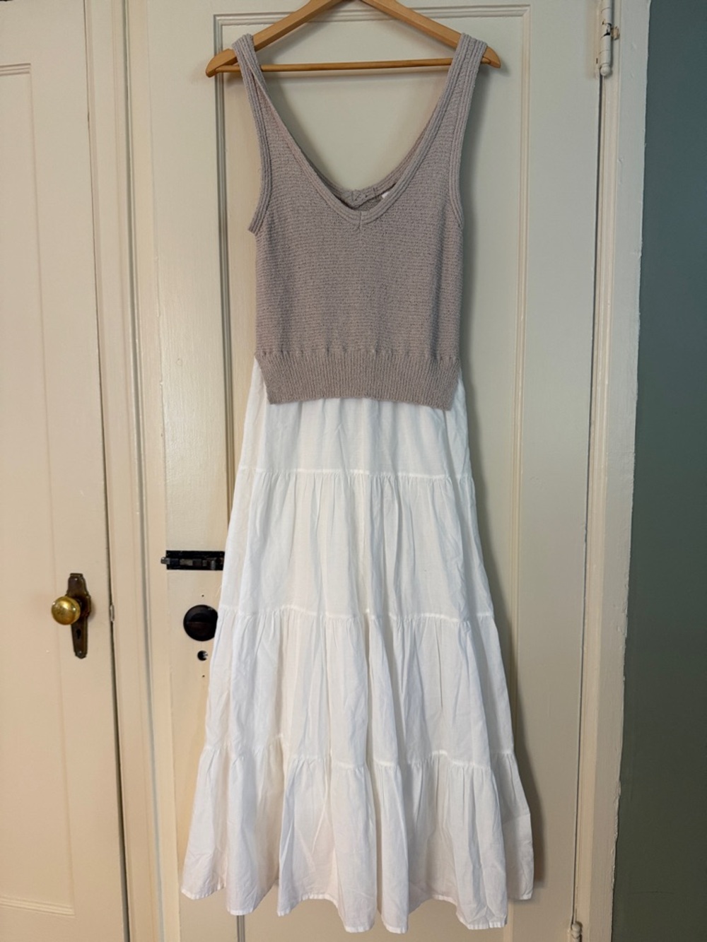 Elan White Tiered Maxi Dress with Taupe Knit Bodice